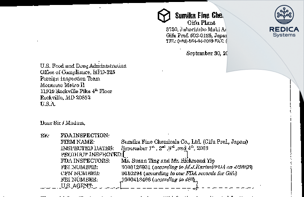 FDA 483 Response - Sumitomo Chemical Company, Limited [Gifu / Japan] - Download PDF - Redica Systems