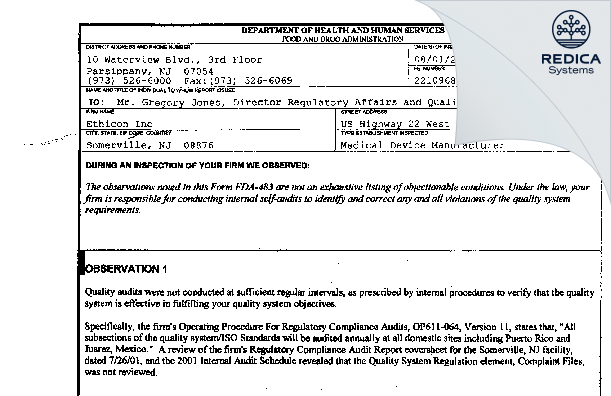 FDA 483 - Ethicon, Inc. [Somerville / United States of America] - Download PDF - Redica Systems