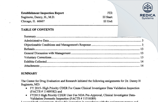 EIR - Danny H. Sugimoto, M.D. [Chicago / United States of America] - Download PDF - Redica Systems