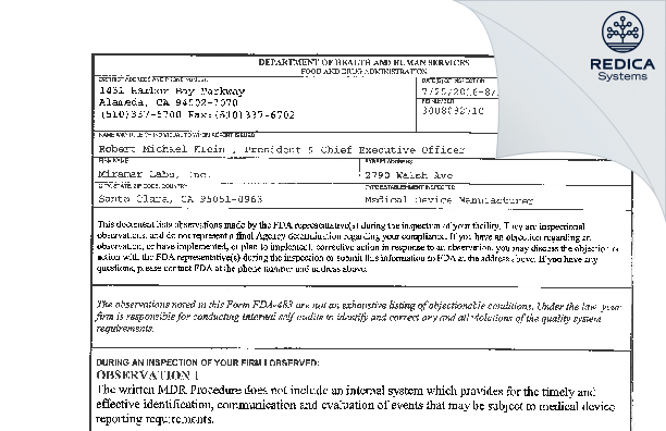 FDA 483 - Miramar Labs, Inc. [Santa Clara / United States of America] - Download PDF - Redica Systems