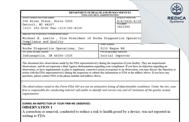 FDA 483 - Roche Diagnostics Operations, Inc. [Indianapolis / United States of America] - Download PDF - Redica Systems