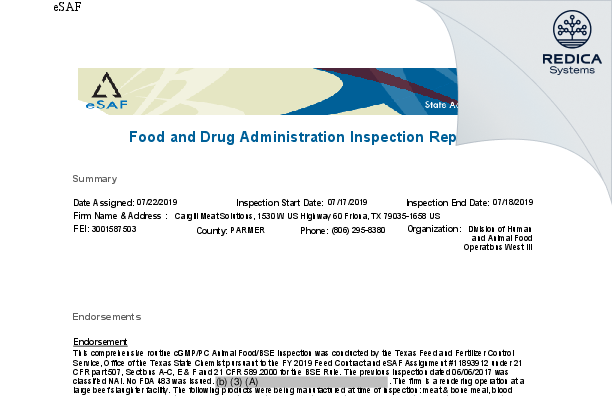EIR - Cargill Meat Solutions [Friona / United States of America] - Download PDF - Redica Systems