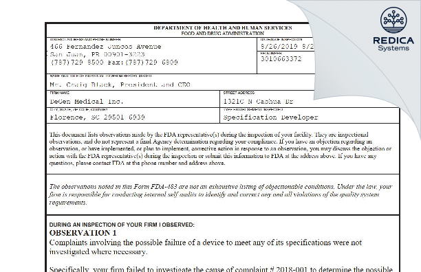 FDA 483 - DeGen Medical Inc. [Florence / United States of America] - Download PDF - Redica Systems