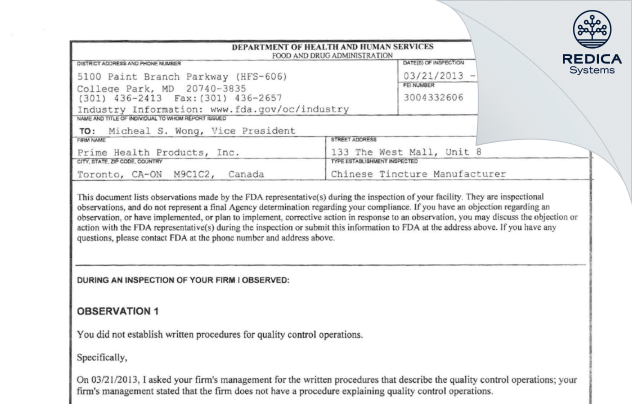 FDA 483 - Prime Health Products [Etobicoke / Canada] - Download PDF - Redica Systems