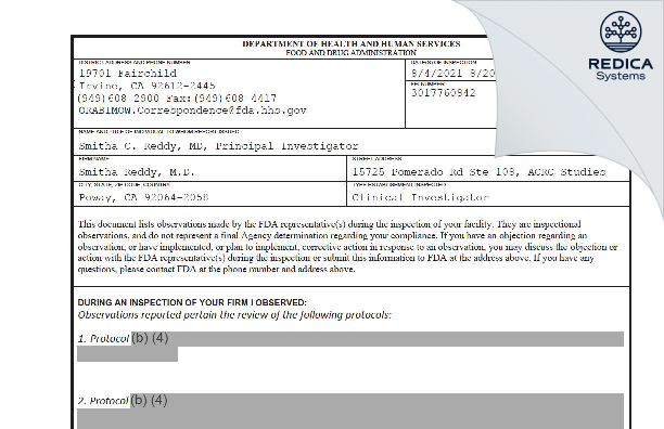FDA 483 - Smitha Reddy, M.D. [Poway / United States of America] - Download PDF - Redica Systems