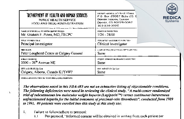 FDA 483 - Peter Lougheed Centre at Calgary General [Calgary / Canada] - Download PDF - Redica Systems