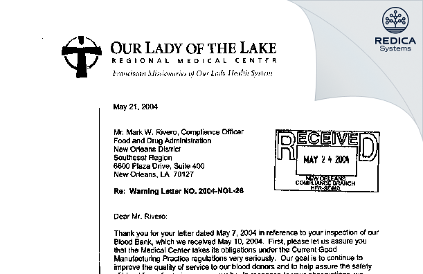 FDA 483 Response - Our Lady of the Lake Hospital, Inc. [Baton Rouge / United States of America] - Download PDF - Redica Systems