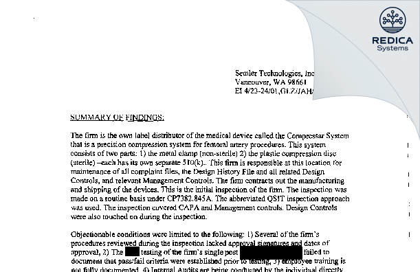 EIR - Semler Technologies Inc [Milwaukie / United States of America] - Download PDF - Redica Systems