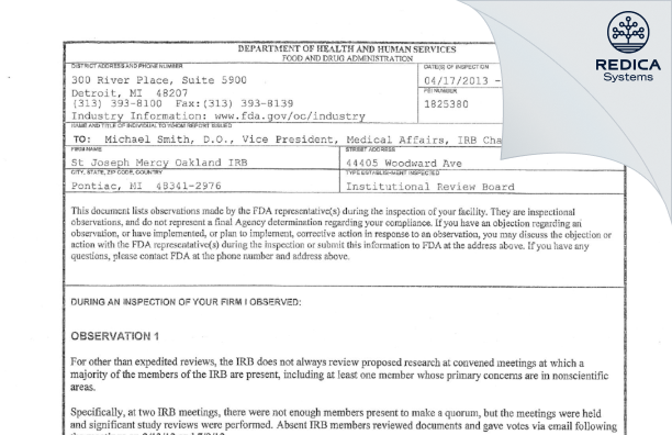 FDA 483 - St Joseph Mercy Oakland Instiutional Review Board [Pontiac / United States of America] - Download PDF - Redica Systems