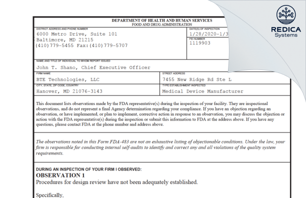FDA 483 - BTE Technologies, LLC [Hanover / United States of America] - Download PDF - Redica Systems