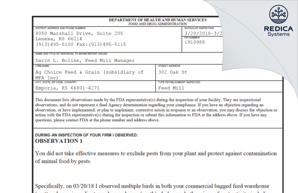 FDA 483 - AGChoice Emporia Grain & Feed [Emporia / United States of America] - Download PDF - Redica Systems