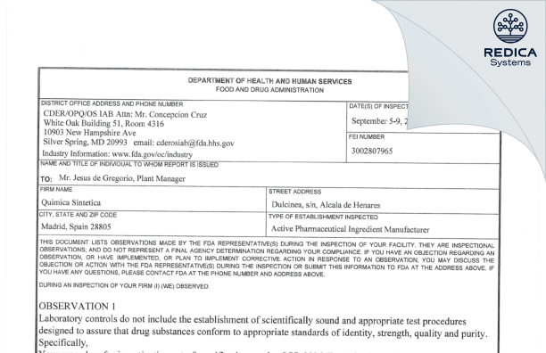 FDA 483 - Quimica Sintetica S.A. [Spain / Spain] - Download PDF - Redica Systems