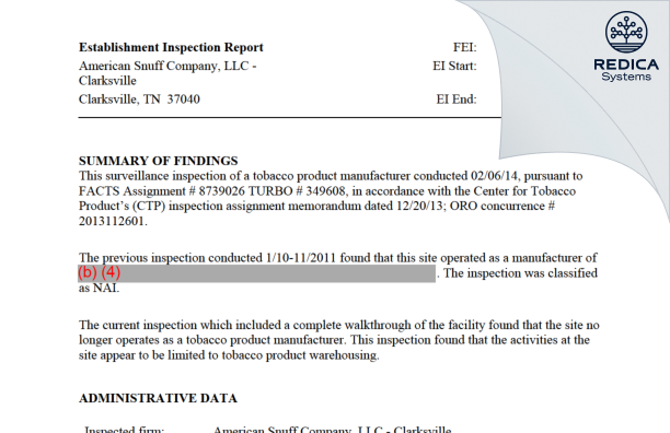 EIR - American Snuff Company, LLC - Clarksville [Clarksville / United States of America] - Download PDF - Redica Systems