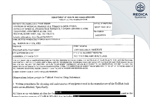 FDA 483 - Protein Sciences Corporation [Meriden Connecticut / United States of America] - Download PDF - Redica Systems