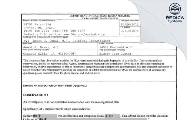 FDA 483 - Anant J. Desai, M.D. [Granada Hills / United States of America] - Download PDF - Redica Systems