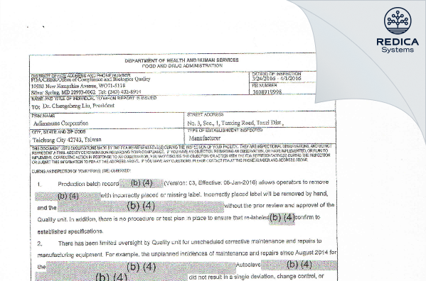 FDA 483 - ADIMMUNE CORPORATION [Taichung City / Taiwan] - Download PDF - Redica Systems