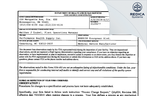 FDA 483 - Performance Health Supply Inc. [Cedarburg / United States of America] - Download PDF - Redica Systems