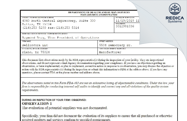 FDA 483 - Belluscura LLC [Plano / United States of America] - Download PDF - Redica Systems