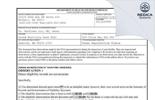 FDA 483 - Sound Fertility Care PLLC [Seattle / United States of America] - Download PDF - Redica Systems