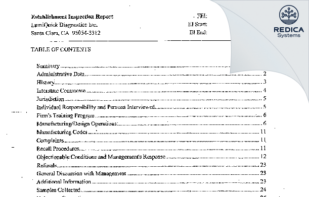 EIR - LumiQuick Diagnostics Inc. [Santa Clara / United States of America] - Download PDF - Redica Systems