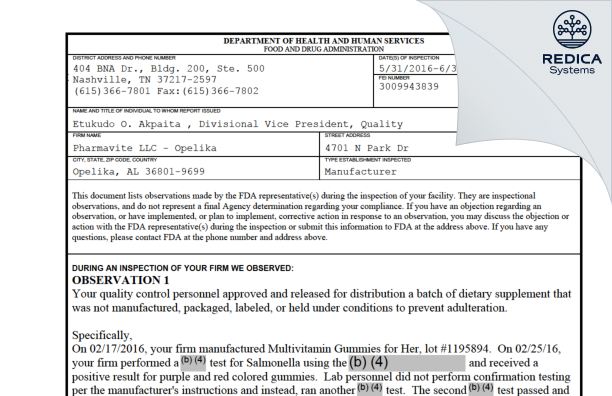 FDA 483 - Pharmavite LLC - Opelika [Opelika / United States of America] - Download PDF - Redica Systems