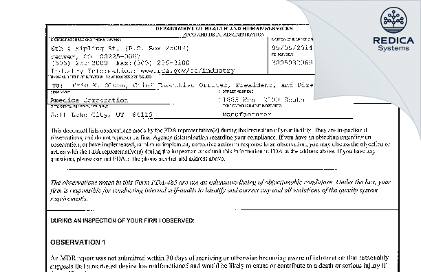 FDA 483 - Amedica Corporation [Salt Lake City / United States of America] - Download PDF - Redica Systems