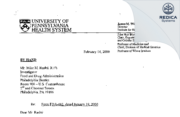 FDA 483 Response - James M. Wilson, MD [Philadelphia / United States of America] - Download PDF - Redica Systems