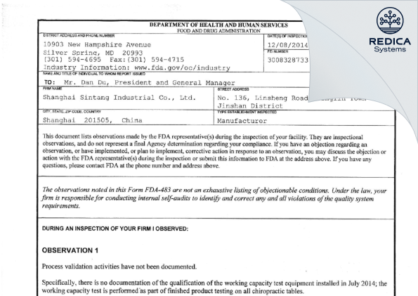 FDA 483 - Shanghai Sintang Industrial Co., Ltd. [Shanghai / China] - Download PDF - Redica Systems