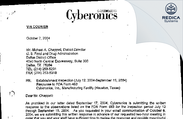 FDA 483 Response - LivaNova USA, Inc. [Houston / United States of America] - Download PDF - Redica Systems