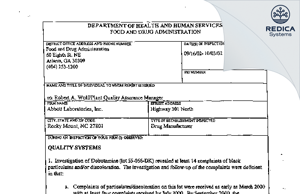FDA 483 - Abbott Laboratories, Inc. [Rocky Mount / -] - Download PDF - Redica Systems