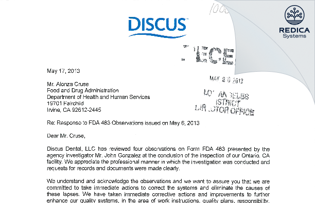 FDA 483 Response - Discus Dental, LLC [California / United States of America] - Download PDF - Redica Systems