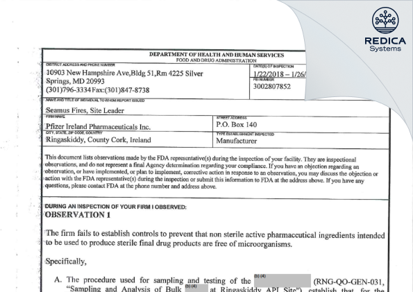 FDA 483 - Pfizer Ireland Pharmaceuticals [Ringaskiddy / Ireland] - Download PDF - Redica Systems