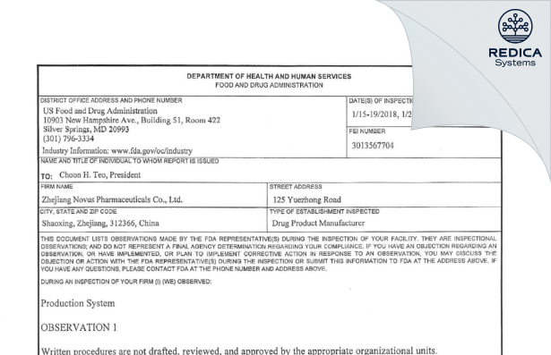 FDA 483 - Zhejiang Novus Pharmaceuticals Co. Ltd [86-312366 / China] - Download PDF - Redica Systems