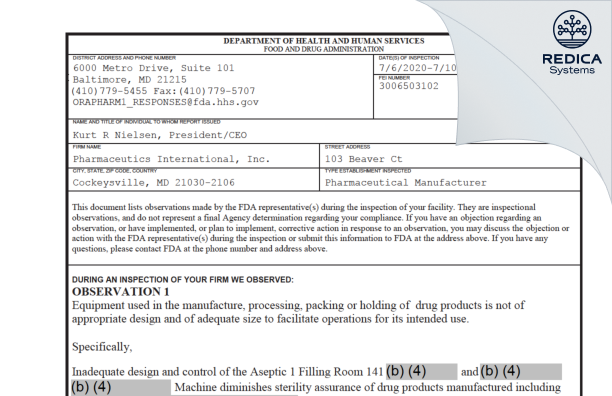 FDA 483 - Pharmaceutics International, Inc. [Cockeysville / United States of America] - Download PDF - Redica Systems