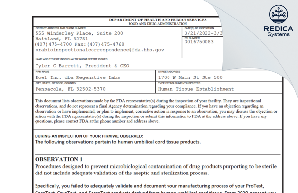 FDA 483 - Row1 Inc. dba Regenative Labs [Pensacola / United States of America] - Download PDF - Redica Systems