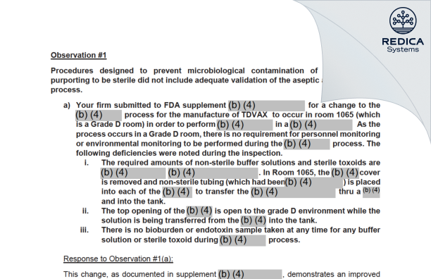 FDA 483 Response - MassBiologics [Boston / United States of America] - Download PDF - Redica Systems