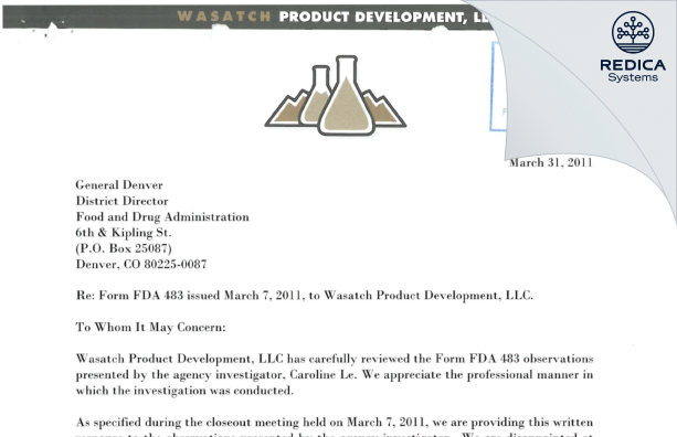 FDA 483 Response - Wasatch Product Development, LLC. [Draper / United States of America] - Download PDF - Redica Systems