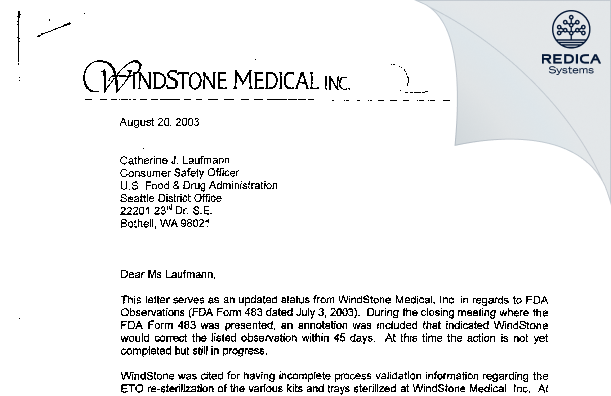 FDA 483 Response - Windstone Medical Packaging, Inc. [Billings / United States of America] - Download PDF - Redica Systems