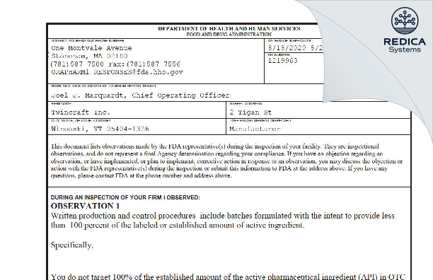 FDA 483 - Twincraft Inc [Winooski / United States of America] - Download PDF - Redica Systems