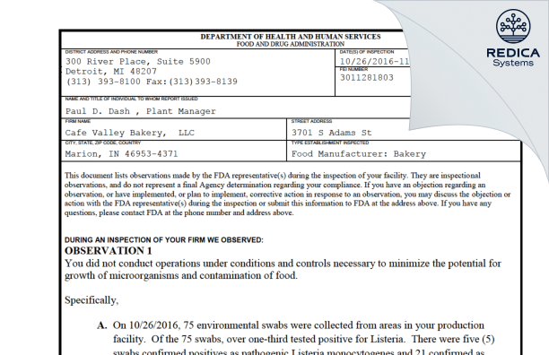 FDA 483 - Cafe Valley Bakery, LLC [Marion / United States of America] - Download PDF - Redica Systems