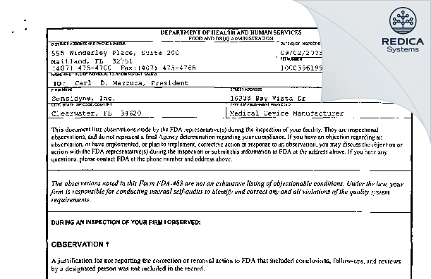 FDA 483 - Sensidyne, Inc. [Clearwater / United States of America] - Download PDF - Redica Systems