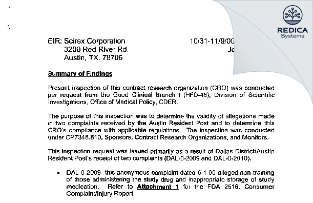 EIR - Scirex Corp [Austin / United States of America] - Download PDF - Redica Systems