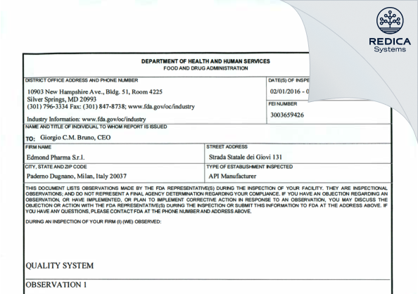 FDA 483 - Edmond Pharma S.r.l [Italy / Italy] - Download PDF - Redica Systems