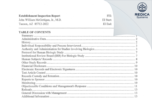 EIR - John W. McGettigan, Jr., M.D. [Tucson / United States of America] - Download PDF - Redica Systems