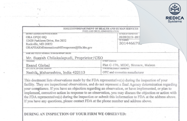 FDA 483 - ESSND GLOBAL [India / India] - Download PDF - Redica Systems