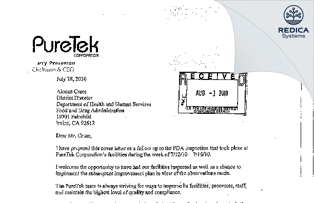 FDA 483 Response - PureTek Corporation [San Fernando / United States of America] - Download PDF - Redica Systems