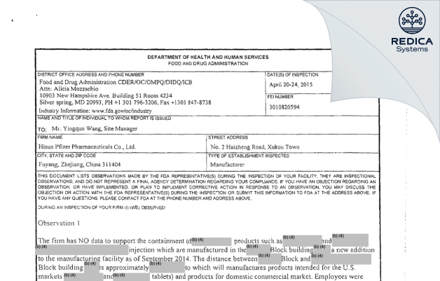 FDA 483 - Han Hui Pharmaceuticals Co., Ltd. [China / China] - Download PDF - Redica Systems