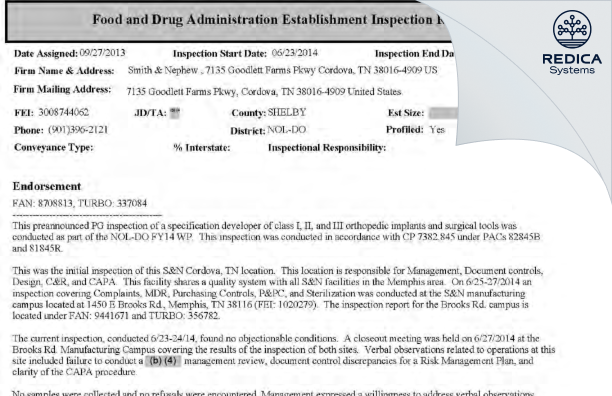 EIR - Smith & Nephew [Cordova / United States of America] - Download PDF - Redica Systems
