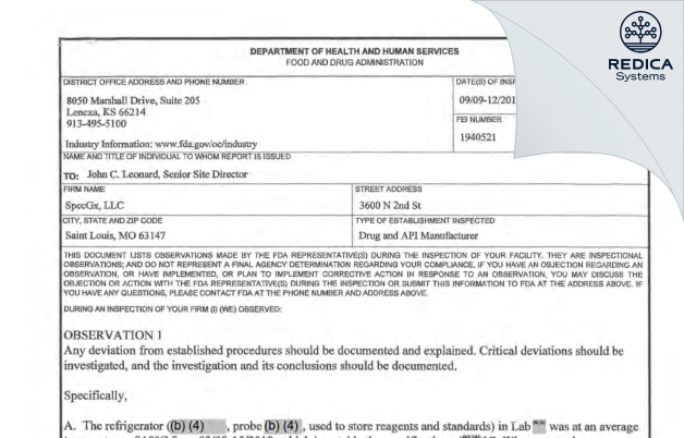 FDA 483 - SpecGx LLC [St. Louis / United States of America] - Download PDF - Redica Systems