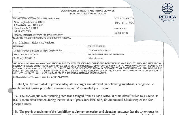 FDA 483 - Lyophilization Services Of New England, Inc. (LSNE) [Bedford / United States of America] - Download PDF - Redica Systems